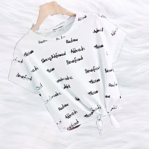 Letter Print Knotted Short Sleeve Tee